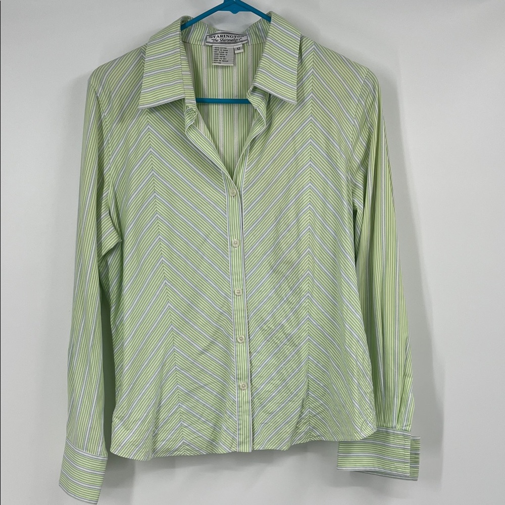 Vintage Starington 100% Cotton Green Striped Button Up Long Sleeve Size 12
